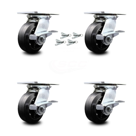 Service Caster 5 Inch Rubber on Steel Caster Set with Ball Bearings and Brakes/Swivel Locks SCC SCC-35S520-RSB-SLB-BSL-4